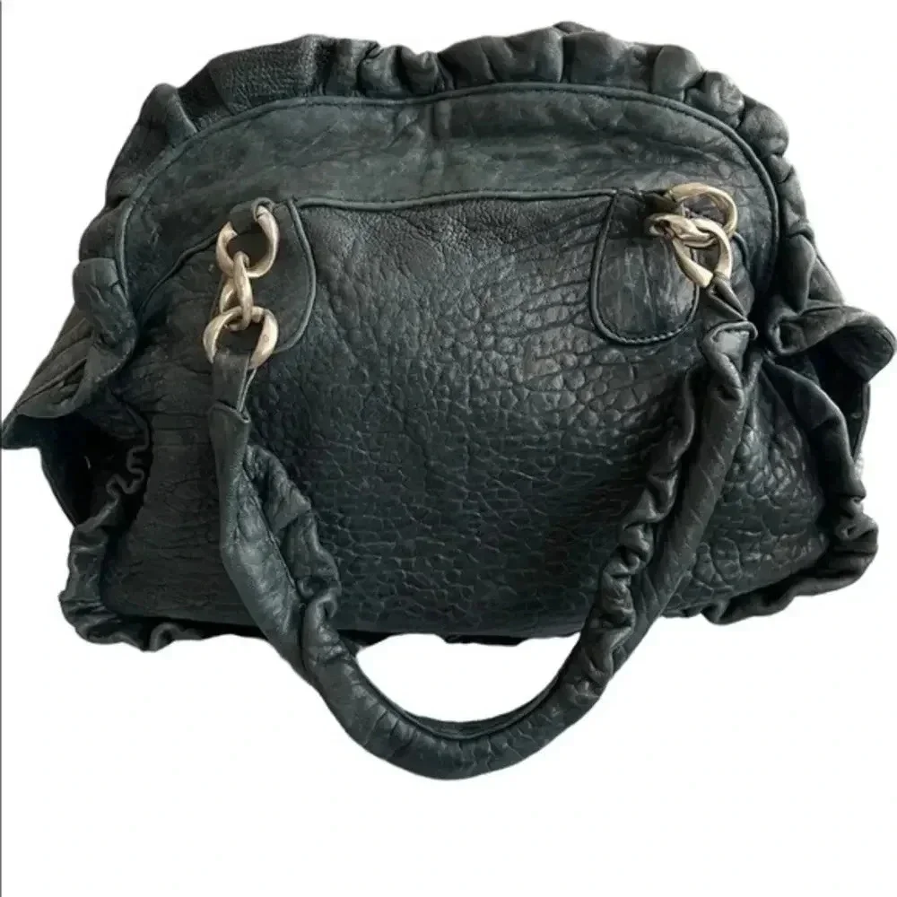 𝅺Treesjc Pebbled Navy‎ Leather Satchel Silver Hardware